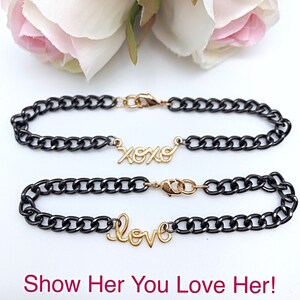 Love Bracelet or Kisses & Hugs in Gunmetal Gold Chain Bracelet, Gold and Black Love Sentiment Bracelets, Gift for Wife, Girlfriend Bracelet
