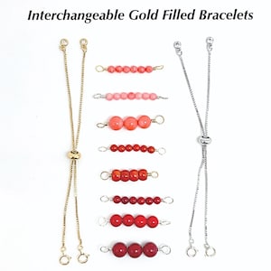 Pulseras intercambiables de cadena de caja de bolo de coral/rojo en oro blanco o amarillo relleno, corales ajustables intercambiables/pulseras de tirón rojo