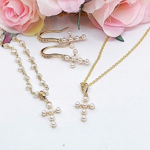 Pearl Cross Earring Dangle, Stud or Necklace All Sizes, Pearl Cross Necklace, Child’s Pearl Cross Necklace & Earring, Easter Pearl Cross