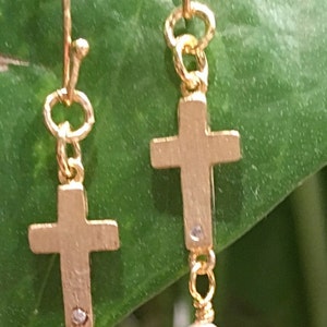 Matte Gold Cross Dangle Earring, Sideways Cross Necklace Dangling Gemstone, Sideways Cross Necklace or Gold Cross Anklet w/Dangle Gem image 3