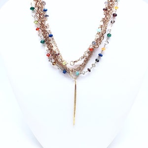 Sale CZ Gold Spike on Multi Gemstone & Gold Chains Necklace, Sale Triple Chain Gold CZ Spike, Sale Gold Long Triple Chain CZ Spike Necklace
