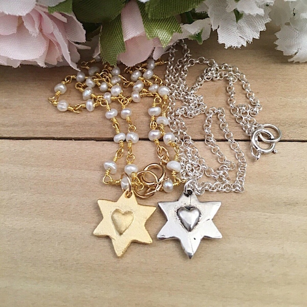 Unique Star of David with Heart Necklace, Gold Jewish Star Heart Necklace, Sterling Jewish Star Heart Necklace, Jewish Flower Girl Necklace