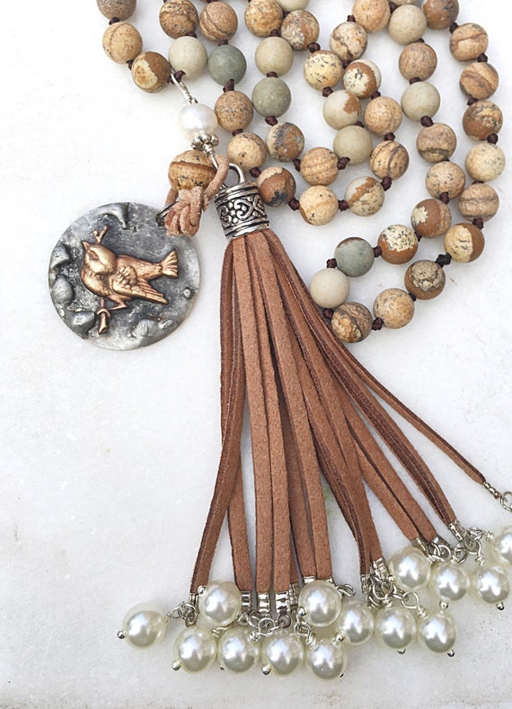 Bird Tag Necklace Suede Pearl Tassel Picture Jasper Baby Bird