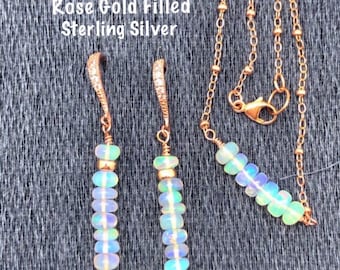 Ethiopian Welo Fire Opal Earrings & Necklace Rose Gold, Welo Opal Bar Earrings, Real Opal Jewelry, Opal Bead Choker and Earrings, Welo Opals