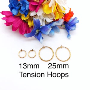 Gold Plated Spring Closure Hoops, Hoops for Non-Pierced Ears, Gold Clip on Hoops, Childrens Gold Tension Hoops, Tension Closure Gold Hoops
