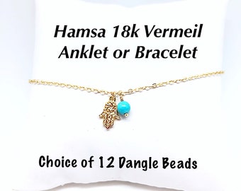 18k Gold Vermeil Hamsa Bracelet or Anklet w/Gemstone Dangle on Gold Filled Chain, Jewish Star Gold Hamsa Bracelet or Anklet on Thin Chain