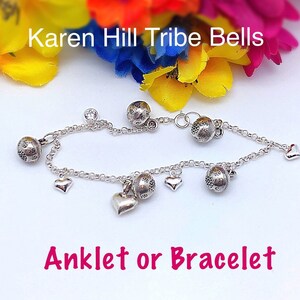 Bébé/enfant en bas âge Karen Hill Tribe Bells and Hearts Sterling Anklet or Bracelet, Baby Jingling Bells Bracelet, Baby Bell Heart Sterling Bracelet image 2