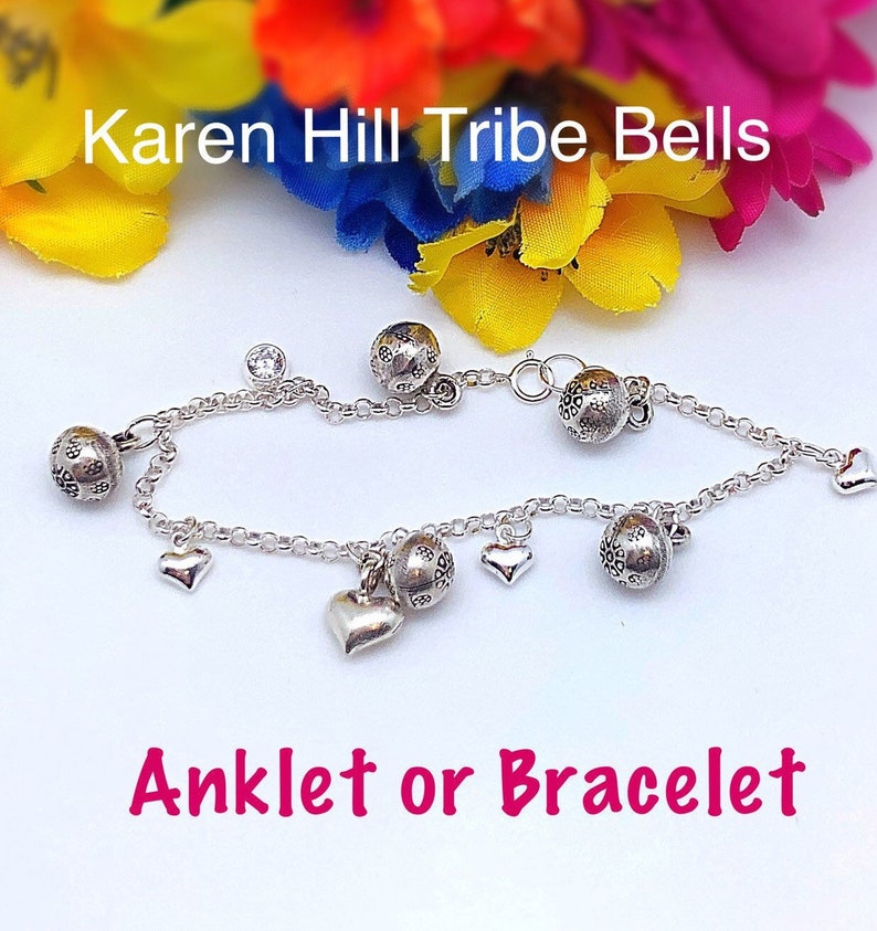 Bébé/enfant en bas âge Karen Hill Tribe Bells and Hearts Sterling Anklet or Bracelet, Baby Jingling Bells Bracelet, Baby Bell Heart Sterling Bracelet image 2