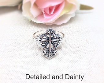 Victorian Cross Ring Sterling Silver, Sterling Ornate Victorian Cross Ring, Dainty Silver Victorian Cross Ring, Thumb Cross Ring