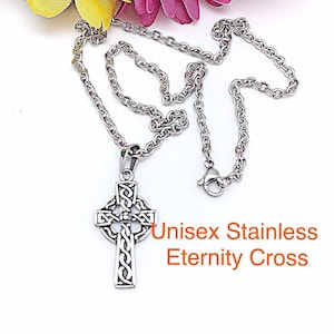 Stainless Celtic Eternity Cross Necklace, 1 1/2&quot; Celtic Eternity Cross Necklace in Stainless Steel, Unisex Celtic Cross Stainless Necklace