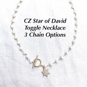 Gold CZ Star of David Toggle Necklace in Pearl, Black Spinel, Labradorite & Rainbow Moonstone Chain, Gold CZ Jewish Star Toggle Necklace