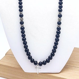 Black Onyx Necklace With Optional Cross, Onyx and Carved Silver Beaded Necklace, Unisex Black Onyx Necklace, 8mm Onyx Bead Necklace
