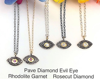 Rose Cut Diamond or Rhodolite Garnet  Evil Eye Necklaces, Diamond Pave Evil Eye Necklace, Small Diamond Evil Eye Chokers, Diamond Evil Eye