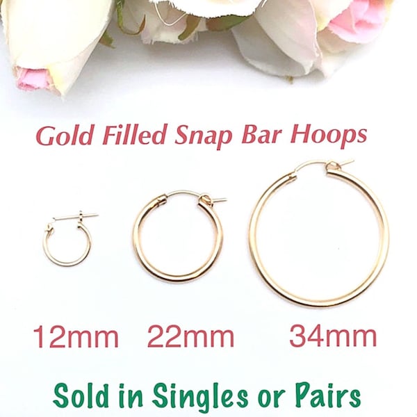 Gold Filled Snap Bar Hoops 3 Sizes, Gold Click Hoops 12mm, 22mm, or 34mm, Child’s Gold Filled Hoop, Gold Filled Hoops Singles or Pairs