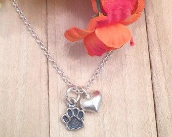 Collana Con Zampa E Cuore In Argento 925 E Turchese - Ciondolo 30x17 Mm, Catena 45+5 Cm Regolabile - Gioiello Per Amanti Dei Cani, Ricordo Animale Domestico