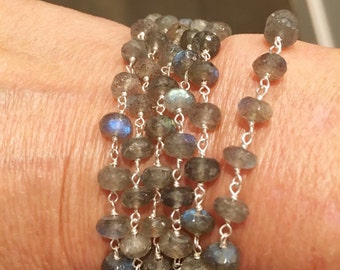 Labradorite Rosary Chain Necklaces, Hand Wired of Sterling Silver, Bracelets, Layering Chain, Oxidized Labradorite Chain, Labradorite Anklet