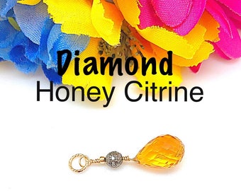 Interchangeable Diamond Honey Citrine Briolette Earring Charm, Citrine Teardrop Necklace Charm, November Birthstone Diamond & Citrine Charm