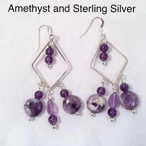 Amethyst Chandelier Triangular Earrings, February Birthstone Dangle Amethyst Earrings, Deep Amethyst Sterling Chandelier Earrings