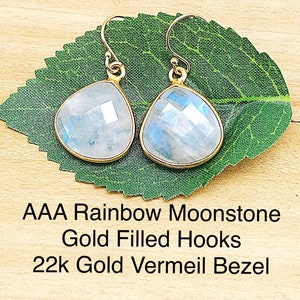 Rainbow Moonstone Faceted Teardrop Gold 16mm Earrings, Clip On/Hook Rainbow Moonstone Earrings, Bride&#39;s Rainbow Moonstone Earring