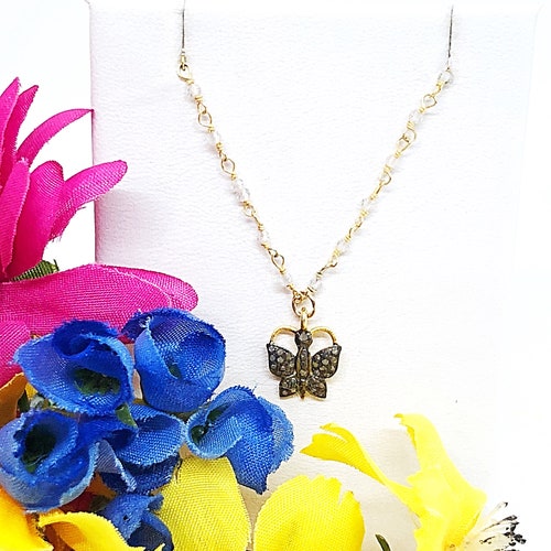 Dainty 3/8” Diamond Butterfly Necklace, Gardener’s shops Necklace Gift, Diamond Butterfly on Oxidized Chain, Pave Diamond Butterfly Choker
