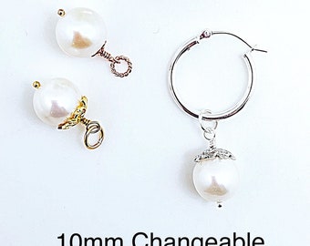 Interchangeable AAA 10mm White Pearl Hoop Earring Charm, 10mm White Pearl Necklace Charm, 10mm Pearl Bracelet Charm, Pearl Huggie Charm