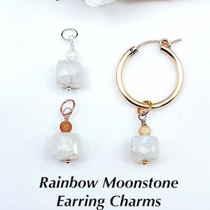 Interchangeable Rainbow Moonstone Cube Hoop Charm With Stardust Bead Accent, Changeable Rainbow Moonstone Earring Charm, Huggie Charms