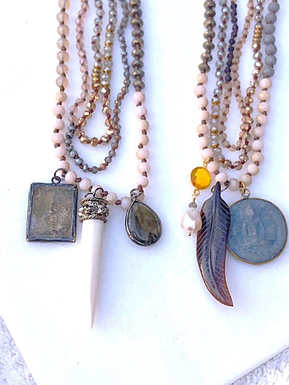Antique Replica Pendant Triple Strand Layering Charm Necklace, Triple Charm on Bead Necklace, Triple Beaded Long Necklaces with Charms