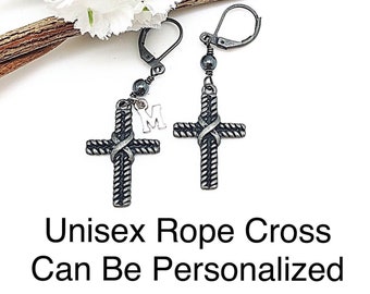 Sale Personalized Cross Dangle Hematite Earrings, Sale Men’s Hematite Accented Cross Earrings, Sale Initial Unisex Cross Lever Backs