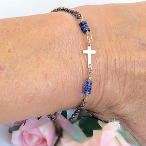 Sideways Cross Sapphire Sterling Bracelet, Dainty Sideways Cross Saphire Chain Bracelet, Cross Saphire Chain Bracelet, September Birthstone