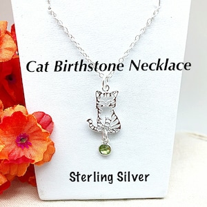 Sterling Birthstone Cat Necklace, Dangling Birthstone Sterling Cat Choker, Cat Lovers Gift Necklace, Cat Cut Out Necklace