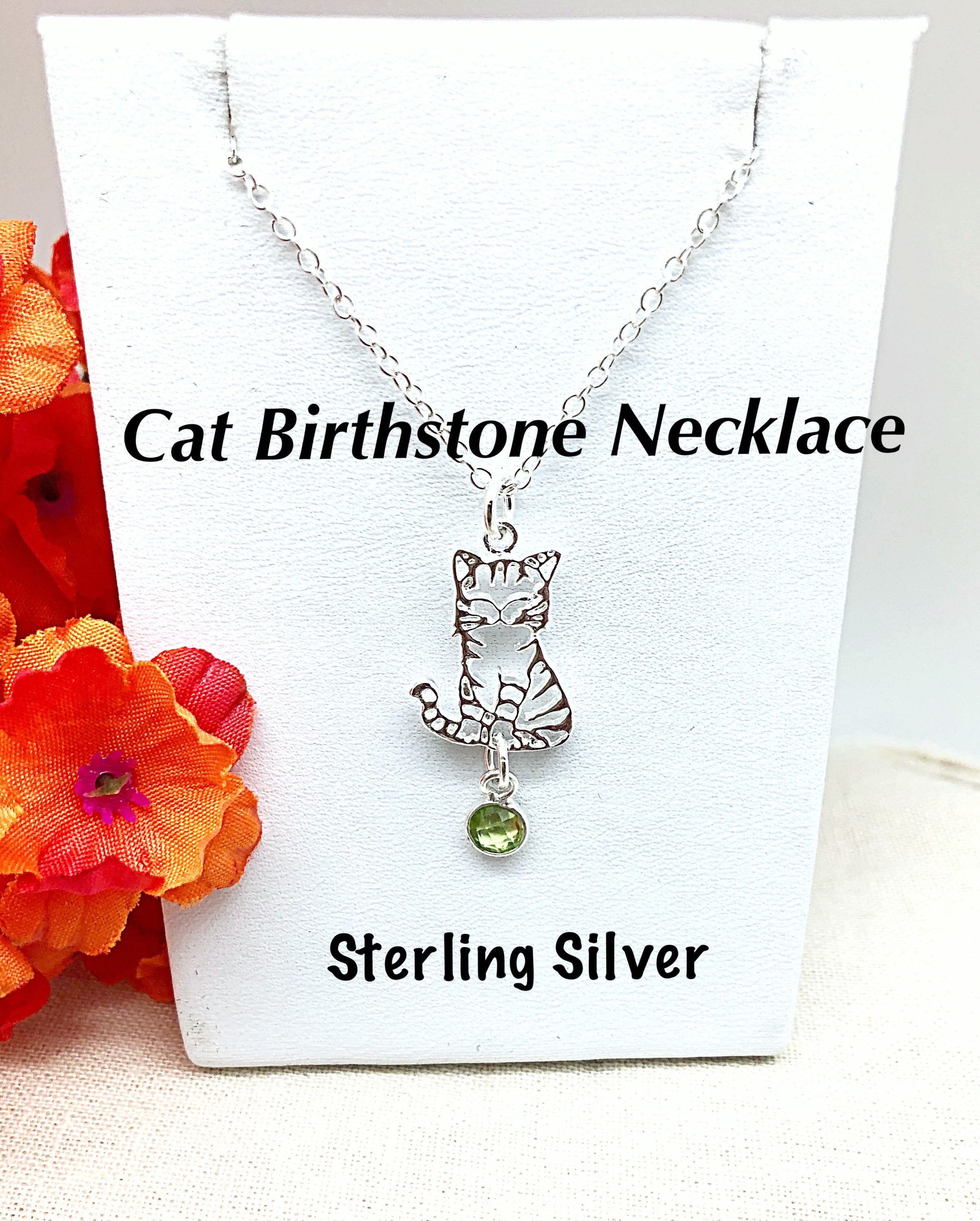 Sterling Birthstone Cat Necklace Dangling Birthstone Sterling Cat Choker Cat Lovers Gift Necklace Cat Cut Out Necklace