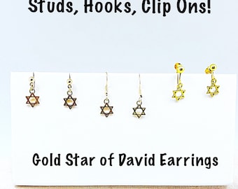 Small Star of David  Stud Gold Dangle Earrings, Child’s Jewish Star Stud or Hook  Earring, Gold Jewish Star Clip On Earrings, Men’s Studs