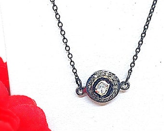 Rose Cut Solitaire Diamond Oxidized Sterling Necklace, Polki Diamond Round Oxidized Necklace, Rose Cut Diamond Choker, Polki Diamond Choker