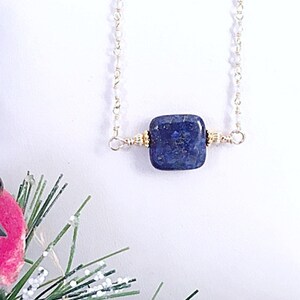 Square Lapis Necklace on Hand Wired Gold White Topaz Chain or Gold Chain, Quality Gold Lapis Square Necklace, Square Lapis Choker Gold Chain