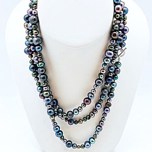 Long Pearl Multi Color Peacock Hand Knotted 54” Necklace, Fun Multi Blues Pearl 54” Long Toggle Necklace, Long Peacock Pearl Necklace