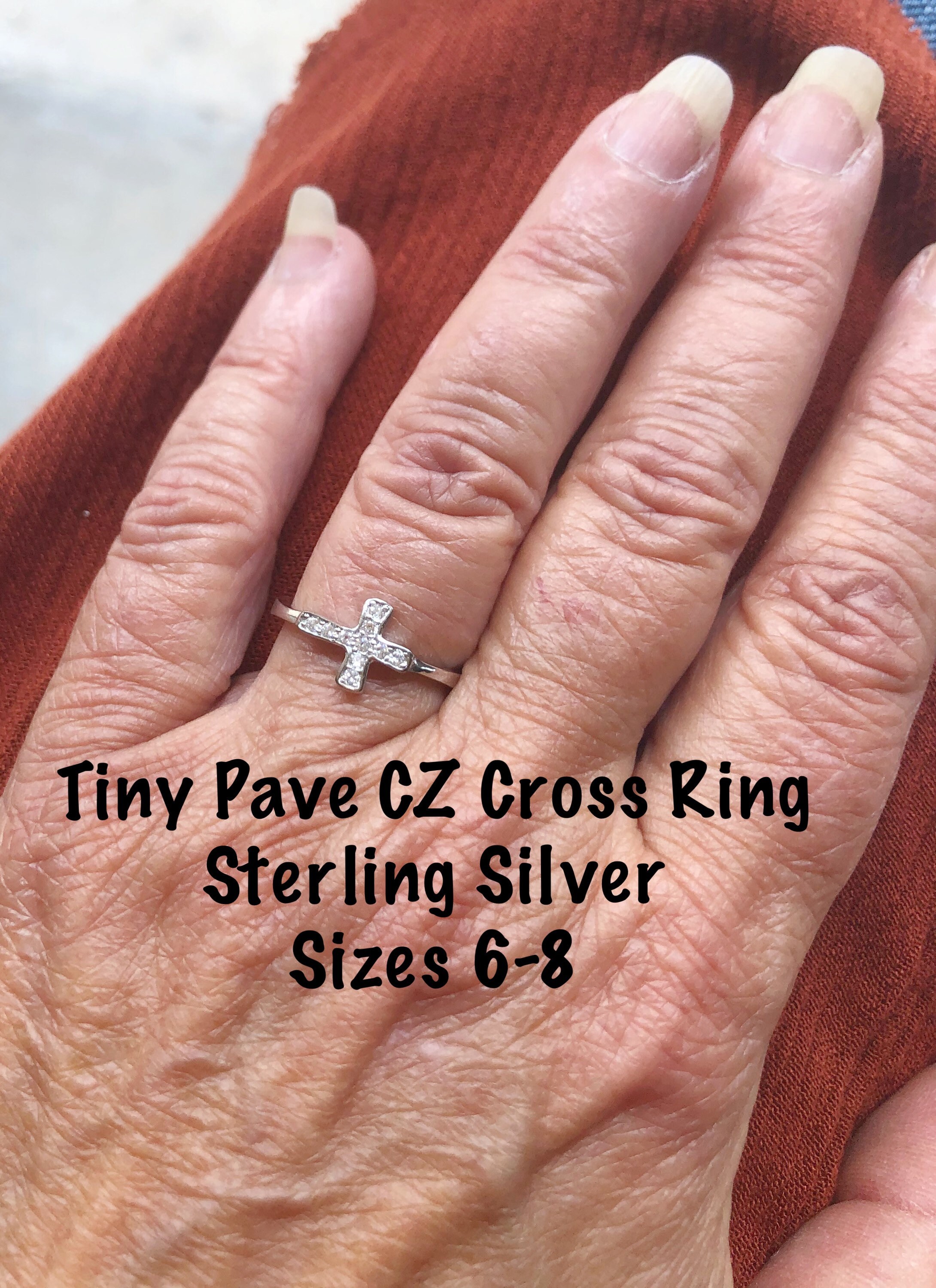Small CZ Cross Ring Sterling Silver Size 6-8, Dainty CZ Sterling
