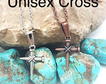 Small Nail Cross Necklace In Copper or Silver Pewter, Unisex Small Silver Nail Cross, Confirmation Cross Gift, Childs Nail Cross Necklace
