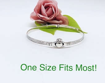 Justerbart keltiskt Claddagh sterlingsilverarmband för damer, Claddagh sterlingsilverarmband, irländsk Claddagh kärleksarmband, romantiskt och vänskapsarmband