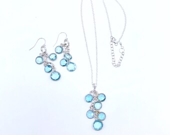 Blue Topaz Cluster Dangle Sterling Earring & Necklace Set, Luxury Blue Topaz Gift Set for Her, Statement Blue Topaz, December Birthstone