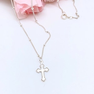 Sterling Cross on 18”Satellite Chain for Children and Adults, Small Filagree Cross Necklace, Baby and Toddler Sterling Silver Cross Necklace