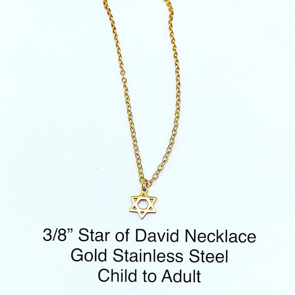 Gold Stainless Star of David Necklace Child to Adult Sizes, Child’s First Star of David Necklace, Tiny Gold Stainless Jewish Star Necklace