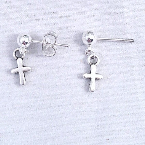 Tiny Silver Pewter Cross Stud Earrings, Child Silver Cross Earrings, Silver Stud Cross Dangle Earrings, Petite Silver Dangle Cross Earrings