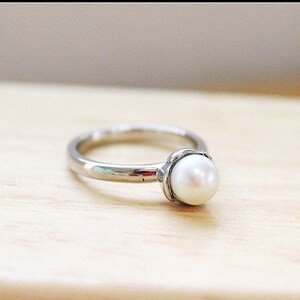 Freshwater White Pearl Solitaire Stainless Steel Ring, 6mm White Pearl Stack Ring, Stainless Steel Pearl Stacking Ring, June Birthstone Ring