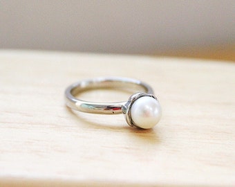 Freshwater White Pearl Solitaire Stainless Steel Ring, 6mm White Pearl Stack Ring, Stainless Steel Pearl Stacking Ring, June Birthstone Ring