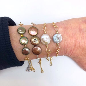 Interchangeable Baroque Coin Pearls Bolo Gold Fill Chain Bracelets, Changeable Coin Pearl Pull Bracelets, Slider Coin Pearl Bracelets