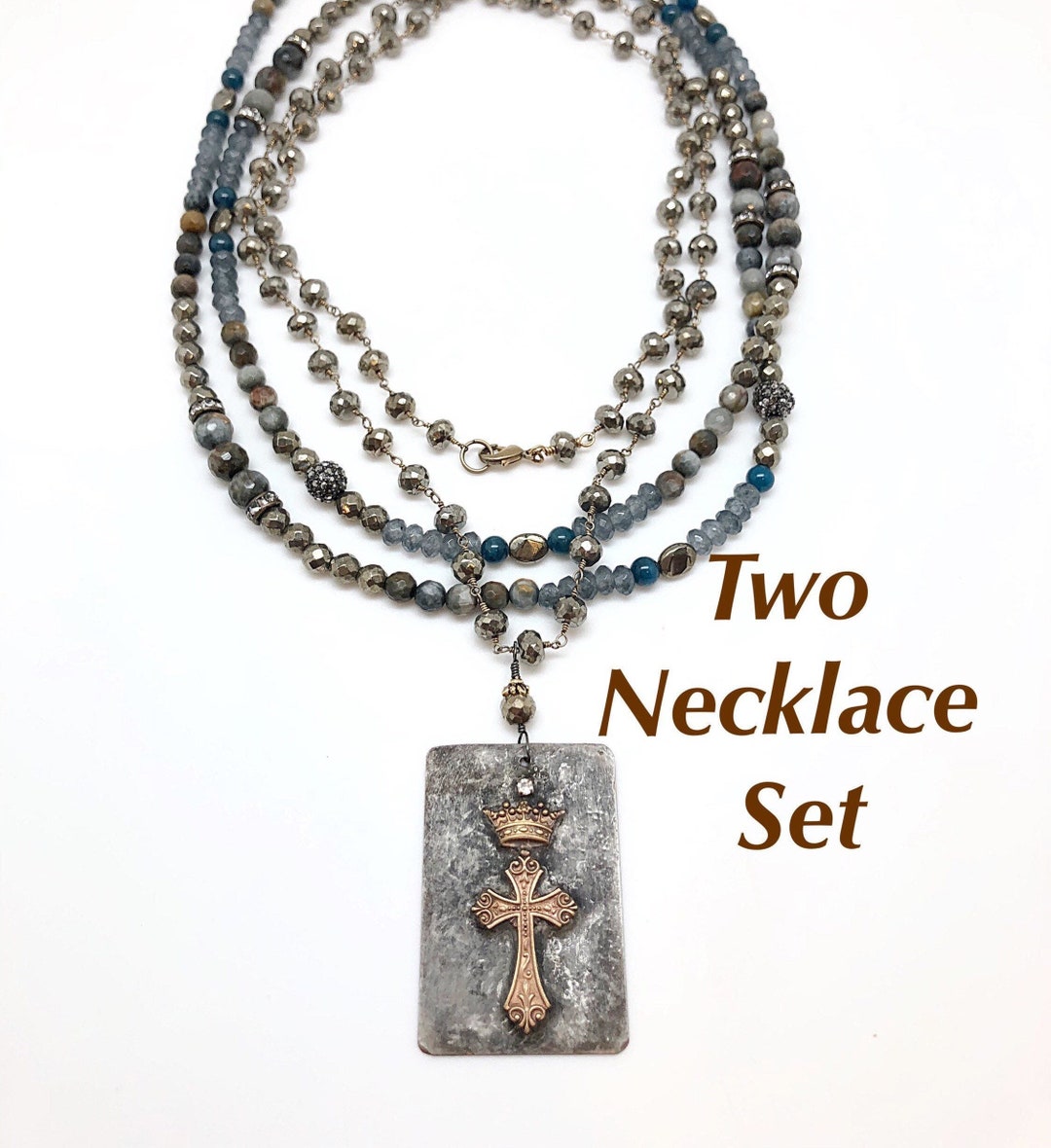 CZ Cross and Crown Pendant in 2 Necklace Set, Pyrite Rosary and Bead Necklace Set With Cross