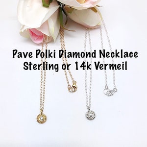 Pave Polki Diamond Charm Necklace in Gold or Sterling, Dainty Diamond Charm Choker, Round Diamond Layering Necklace Gold or Sterling