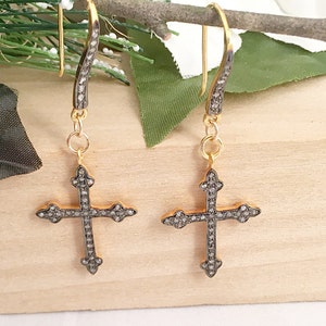 Diamond Cross Earring Dangles on Diamond Hook, Diamond One Inch Cross Earrings, Pave Diamond Cross Earring, Diamond Cross Gold Black Earring