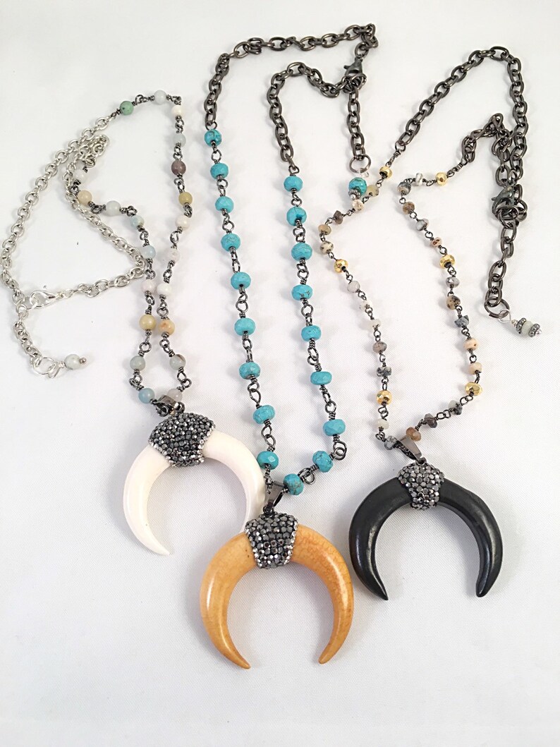 Boho Chic Choker Horn Necklace Petite Crescent Necklace Double Crescent Horn Bone Necklace Layering Carved Bone Bone Crescent Moon