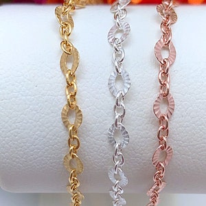 Dainty Yellow, Rose Gold Filled or Sterling Textured Oval Flat Chain Bracelet, Gold Oval Link Chain Bracelet, Rose Gold Bracelet Chain